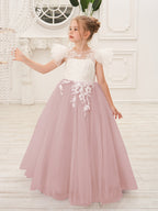 Abnehmbares Blumenmädchenkleid aus Spitze und Tüll mit Schleppe 