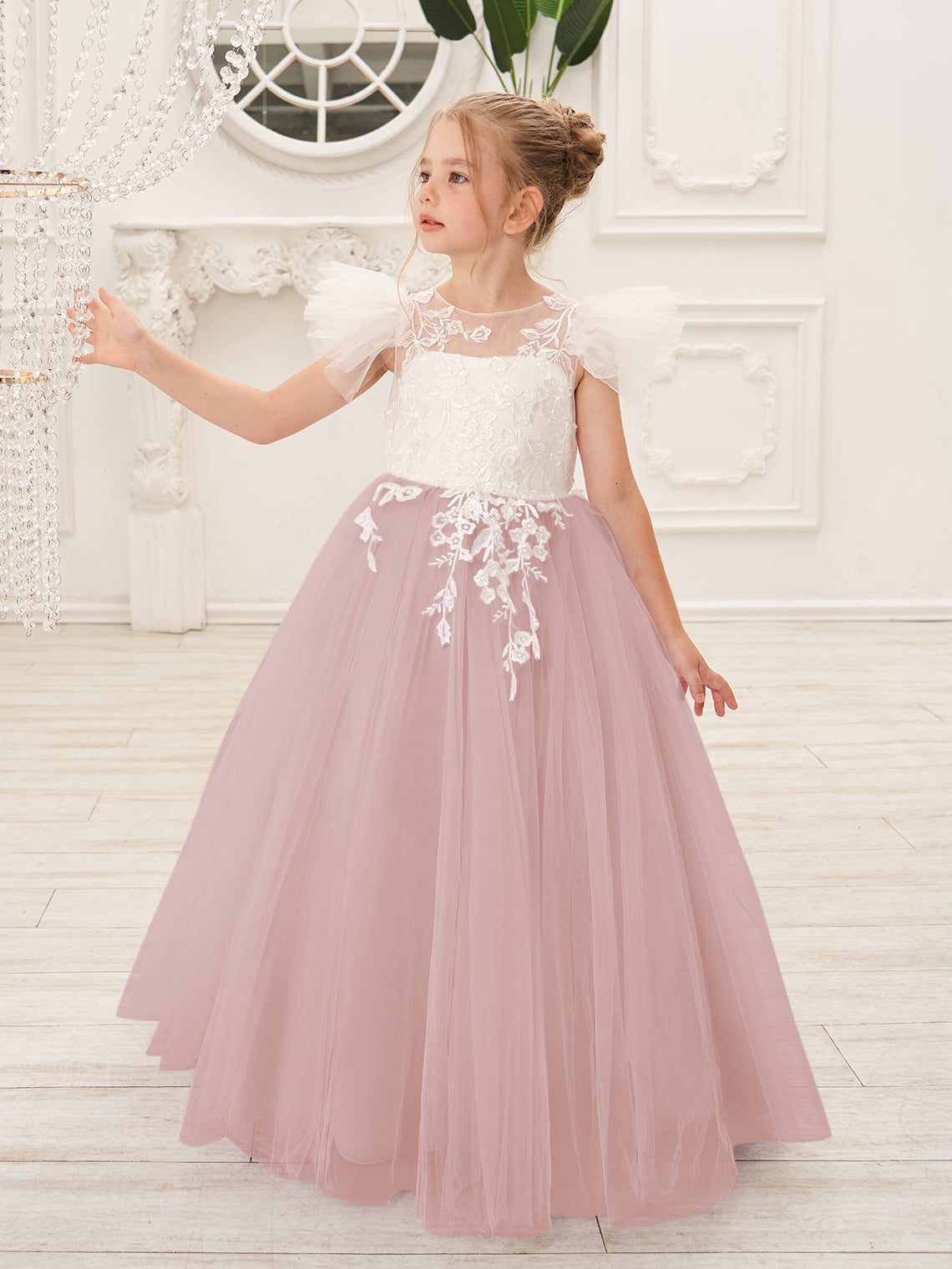 Abnehmbares Blumenmädchenkleid aus Spitze und Tüll mit Schleppe 