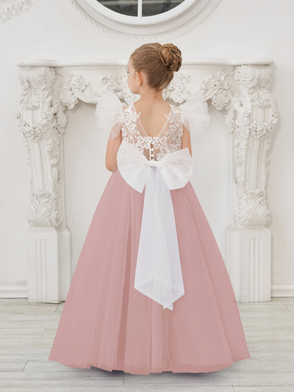 Abnehmbares Blumenmädchenkleid aus Spitze und Tüll mit Schleppe 
