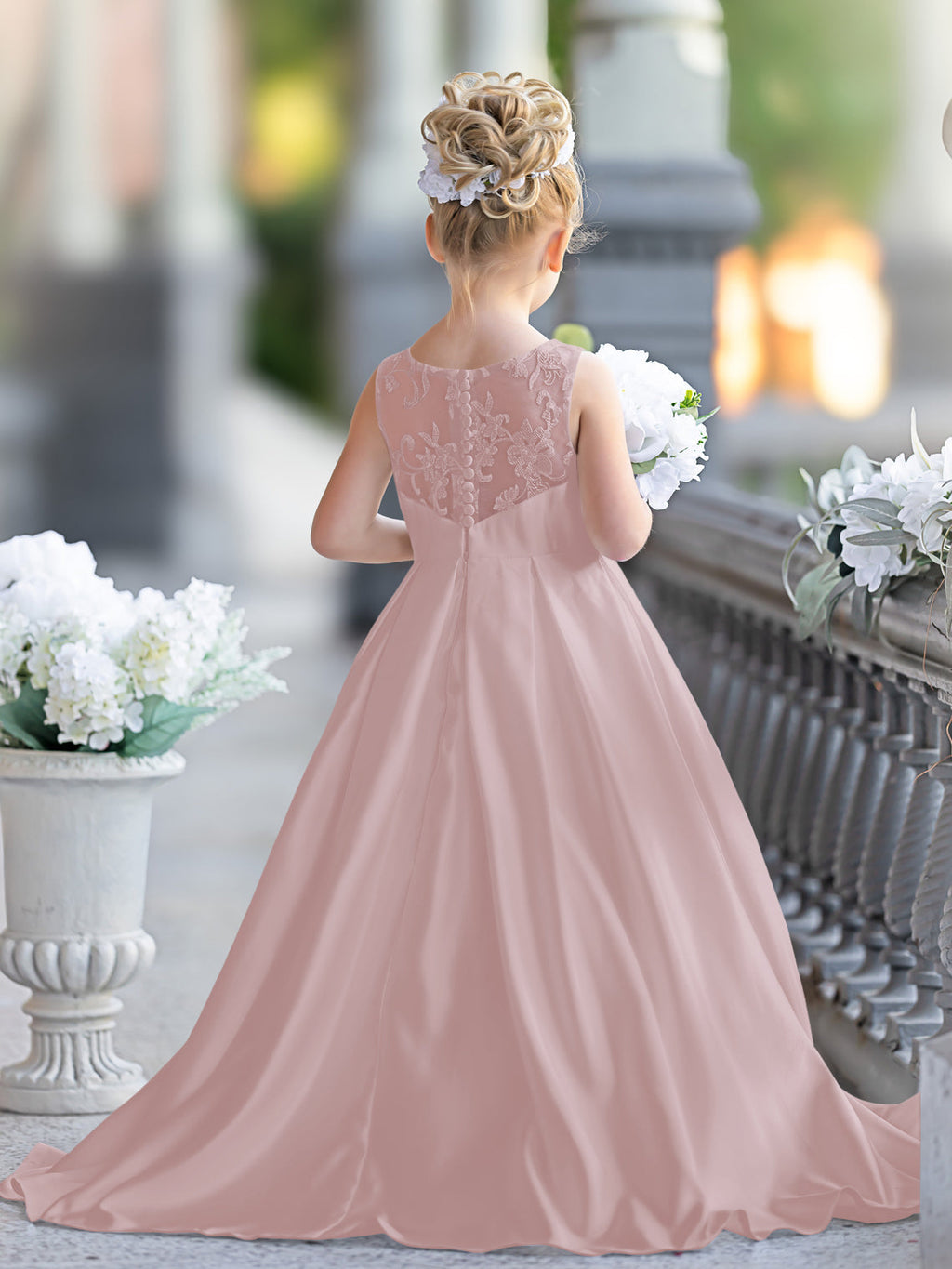 A-Linie Spitze Satin Bodenlang Erstkommunionkleid für Blumenmädchen 