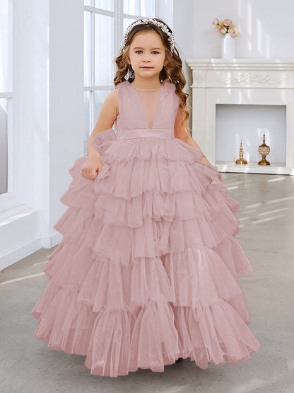 Vestido de fiesta/princesa rosa perla sin mangas con lazo de tul para niña de las flores