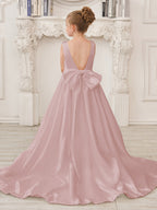 A-Line Princess Sleeveless Satin Flower Girl Dress with Sweep Train and Bow