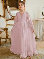 Bodenlanges Chiffon-Kleid in A-Linie und Elfenbein für die Erstkommunion 