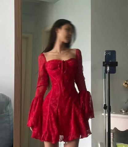 Sexy Rote Spitze Trompetenärmel Homecoming Kleid Partykleid Y7655