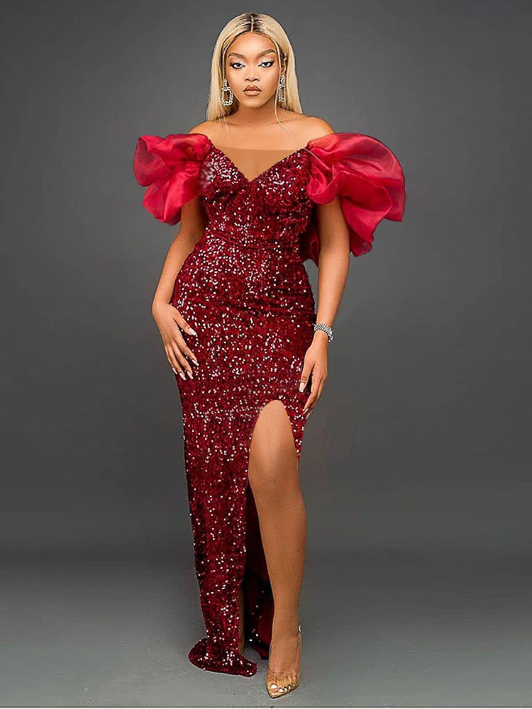 Sexy Ruffles V-neck Elegant Sequ High-End Maxi Dress Ladies Banquet Evening Dress Women Party Dre