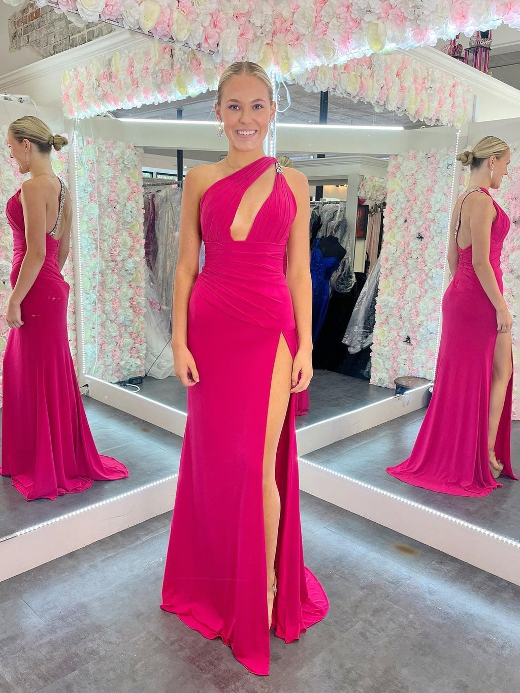 Teresa | Vestido de fiesta largo rosa con corte sirena y un solo hombro