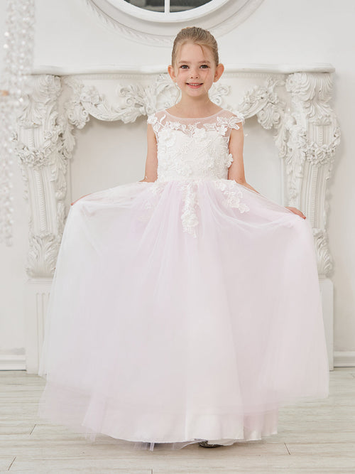 Vestido de niña de las flores largo hasta el suelo con tul y encaje en forma de A