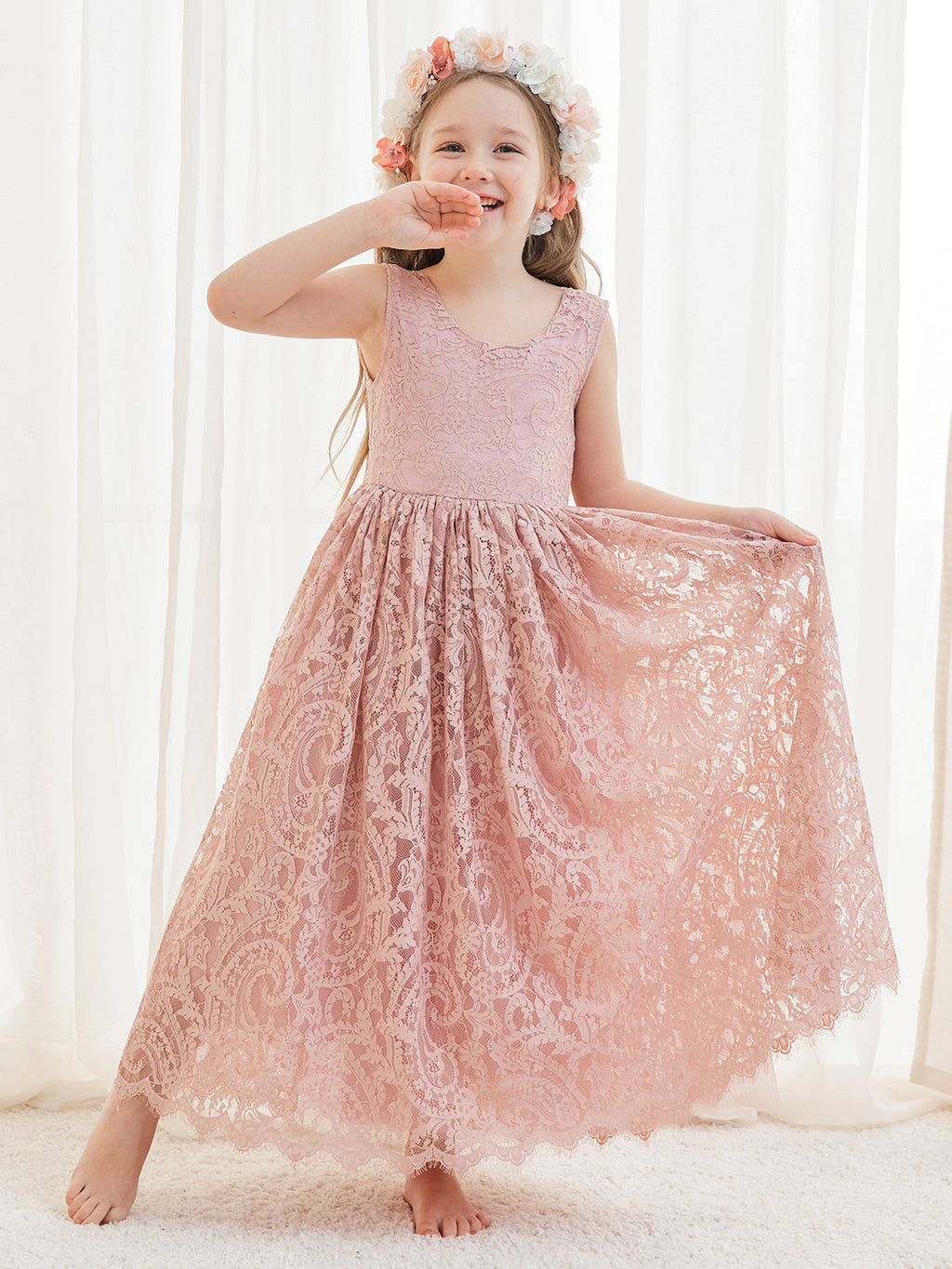 A-Linien-Spitze Knöchellanges Elfenbein Boho Blumenmädchenkleid 