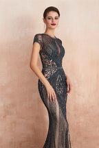 Glamorous Mermaid Beadings Long Prom Dress With Short Sleeves