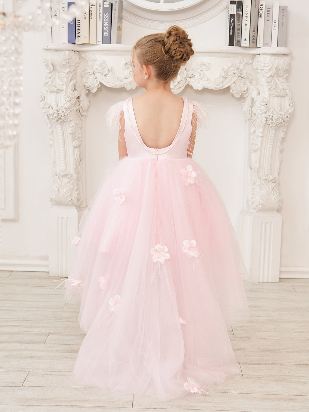 Prinzessin Ärmelloses Tüll Blumenmädchenkleid mit Perlen und Federschleife (010224704) 