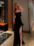 Schwarzes trägerloses langes Abendkleid mit Seitenschlitz, elegantes Ballkleid Y7477