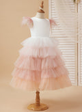 Vestido de princesa de tul rosa, largo hasta la rodilla, con mangas de plumas para niñas de las flores (010224240)