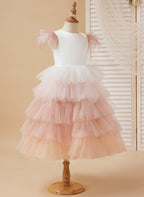 Vestido de princesa de tul rosa, largo hasta la rodilla, con mangas de plumas para niñas de las flores (010224240)