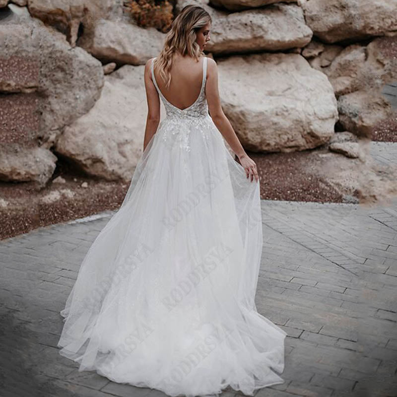 Sleeveless Appliques A-Line Bridal Gowns Backless Square Collar Wedding Dresses Spagehtti Straps Tulle Vestido De Novia-payinti