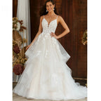 Boho Elegant Wedding Dress For Women V-Neck A-Line Tiered Lace Appliques Backless Bridal Gowns Vestidos De Novia-payinti