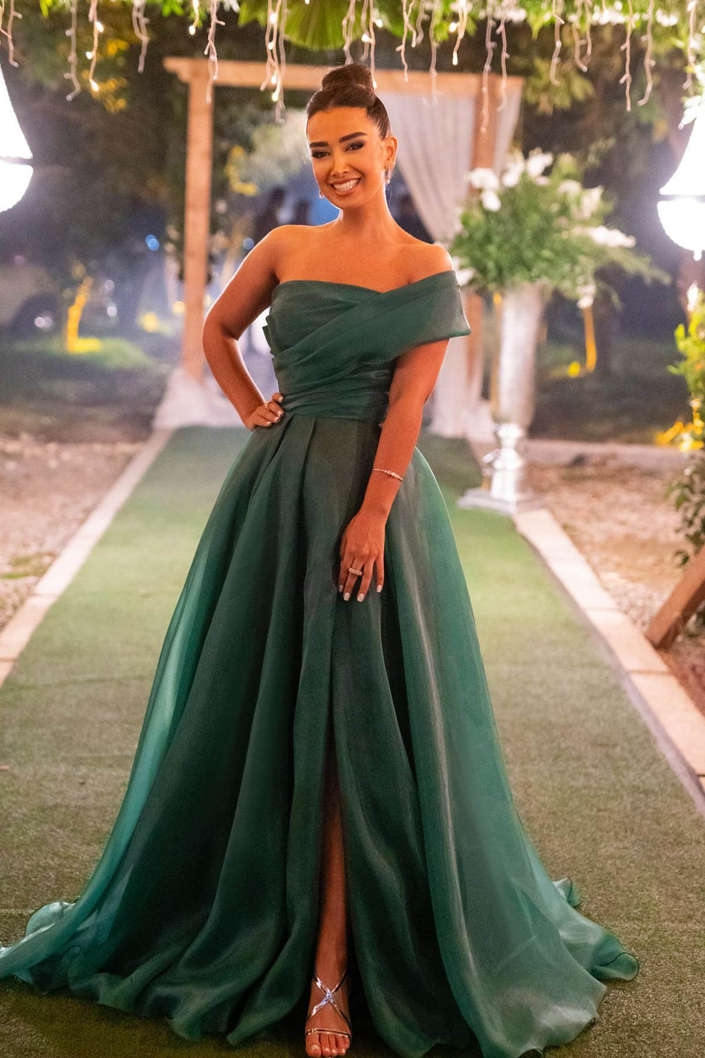 Long A line Strapless One Shoulder Bowknot Prom Dress With Front Split