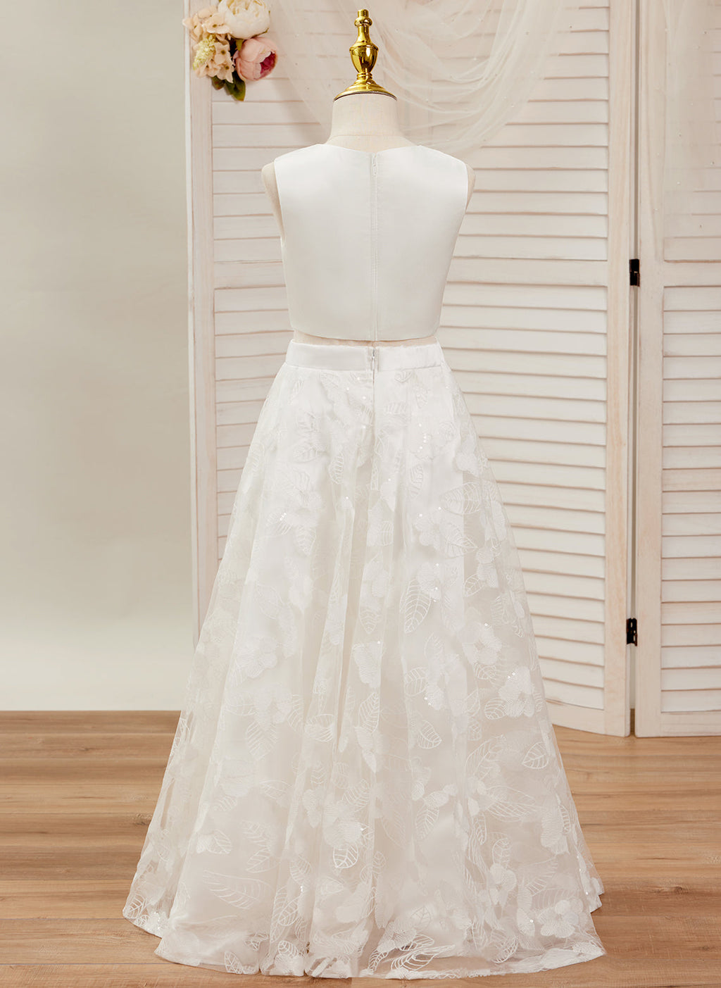 A-Linie Spitze Satin Bodenlang Elfenbein Kleid (010146741) 