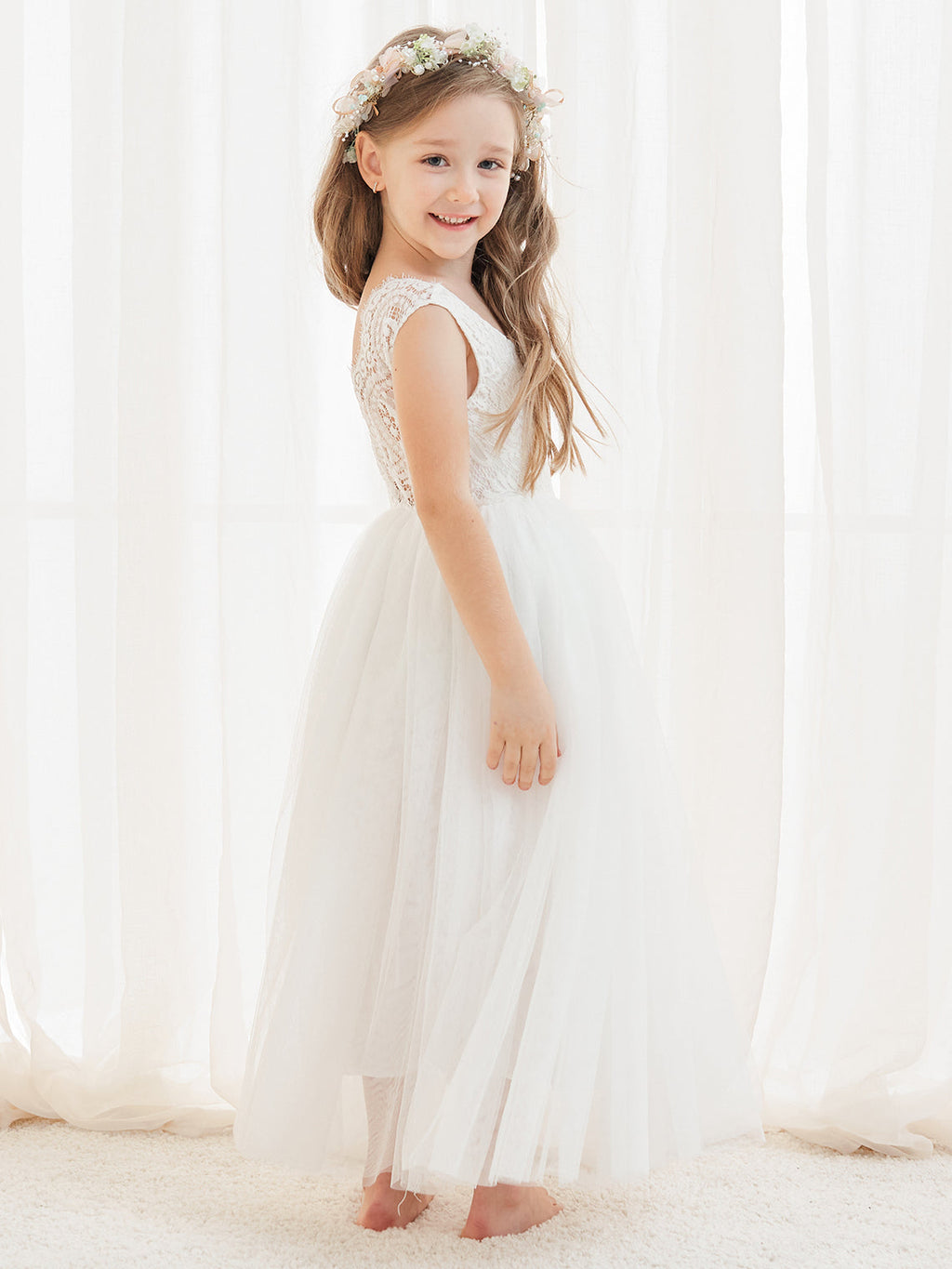 Vestido blanco de tul con encaje y corte en A hasta los tobillos (2003227597)