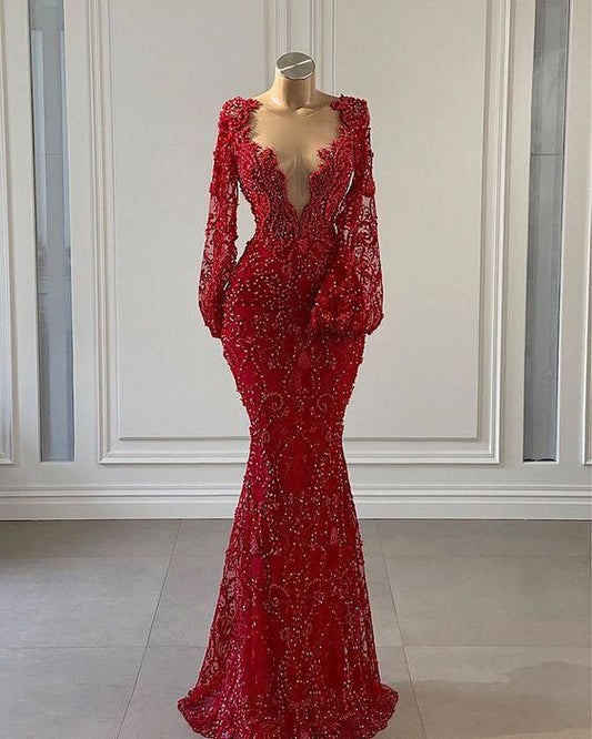 Rotes Ballkleid lange Ballkleider Langarm Spitze Meerjungfrau Abendkleider Y69