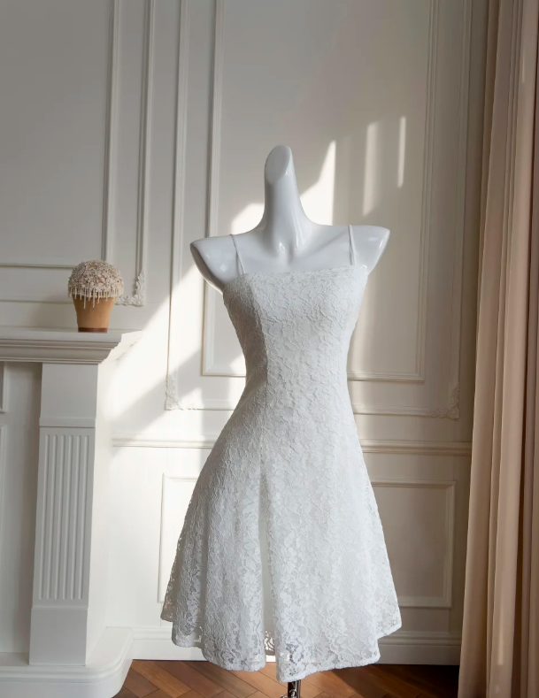 Vestido de fiesta blanco elegante con tirantes finos y encaje, corte A, minivestido de fiesta Y8584