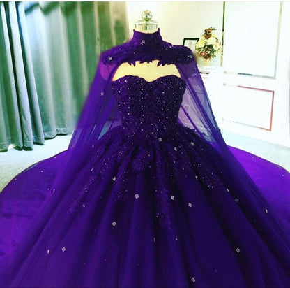 Sweetheart Tulle Lace Ball Gown With Cape, Princess Dress Y742