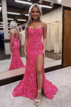Vestidos de fiesta de sirena con encaje, lentejuelas y abertura, color fucsia, sin tirantes