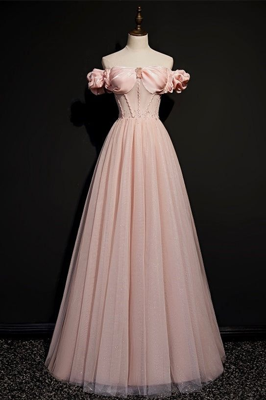 Vestido de fiesta princesa de tul rosa con cuentas y hombros descubiertos, vestido de noche Y7584