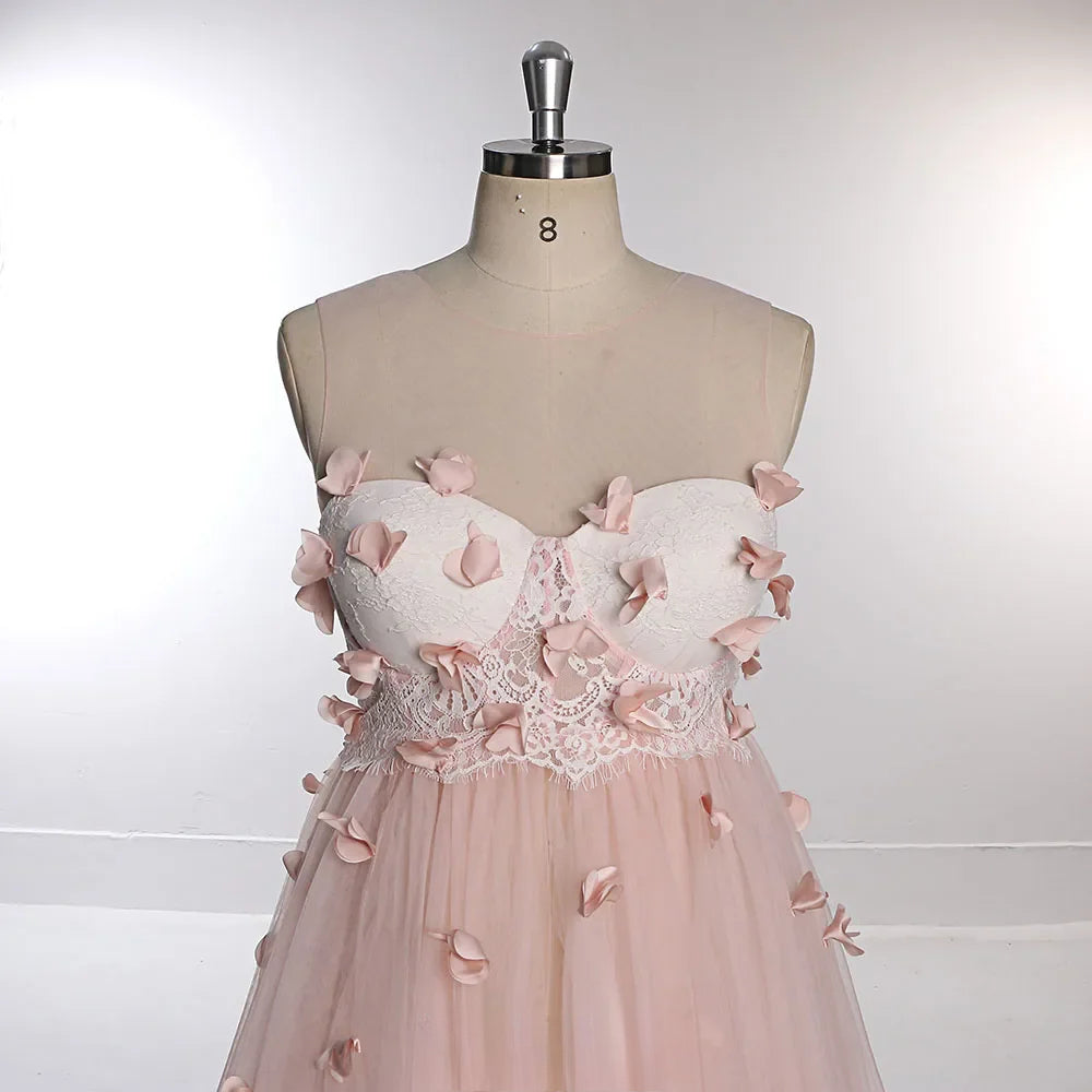 Rosa Blumen Schulterfreies Umstandskleid mit Applikationen für Fotoshootings Rückenfreies Maxikleid aus Tüll Sunnderly SY230330 