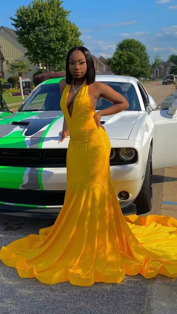 Impresionante vestido de fiesta amarillo de corte sirena, vestido de noche sexy con cola Y1709