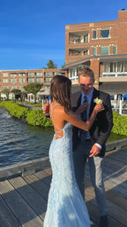 Mermaid Long Baby Blue Lace Prom Dresses Spaghetti Straps Evening Dress Y1733