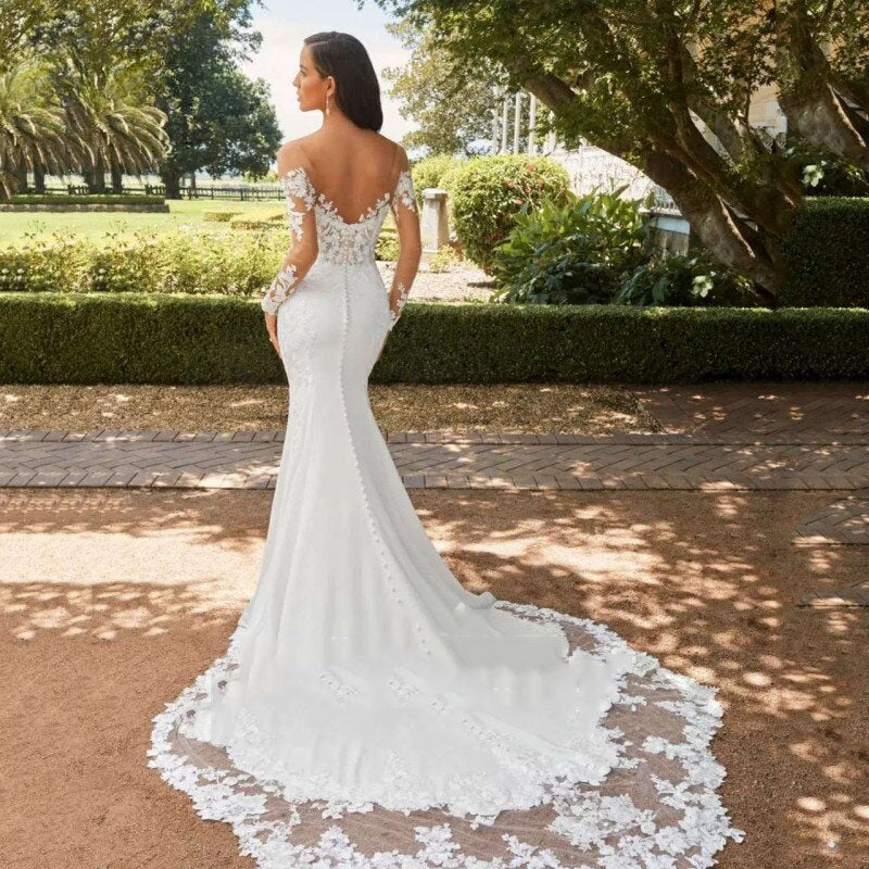 Mermaid Wedding Dresses For Women Sexy Backless Sweet Heart Bridal Gown White Lace Long Sleeve A-Line Vestidos De Novia-payinti