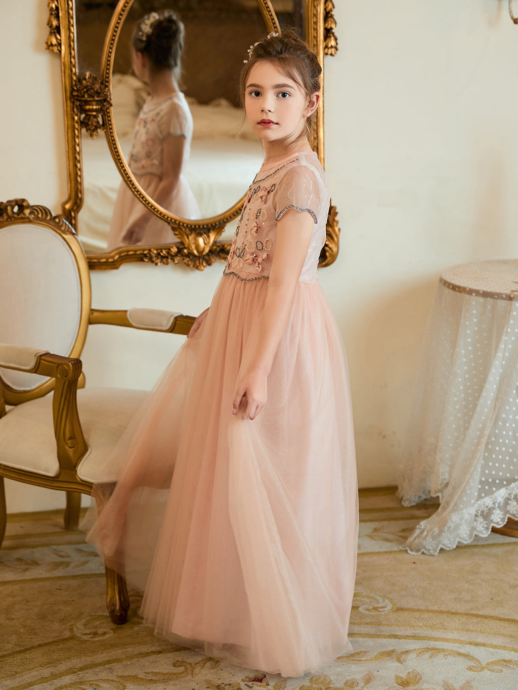 Vestido de niña de las flores rosa de gasa hasta el suelo con corte en A