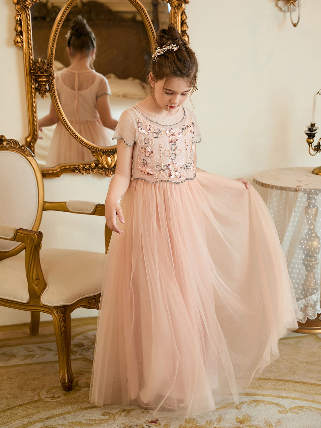 Vestido de niña de las flores rosa de gasa hasta el suelo con corte en A