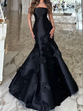 Vestido de noche negro de sirena con flores y sin tirantes, vestido formal de fiesta Y7459