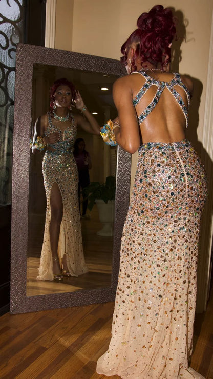 Vestido de noche de sirena de lujo con cristales y abertura lateral, sexy, Y547