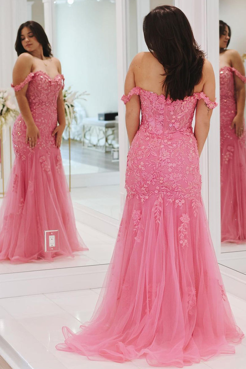 Mermaid Off the Shoulder Tulle Long Prom Dress with Appliques