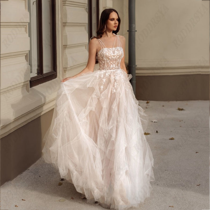 Elegant Spaghetti Straps Wedding Dress Sexy Lace Up Backless Robe De Mariée Romantic Square Collar Tulle Bridal Gowns-payinti