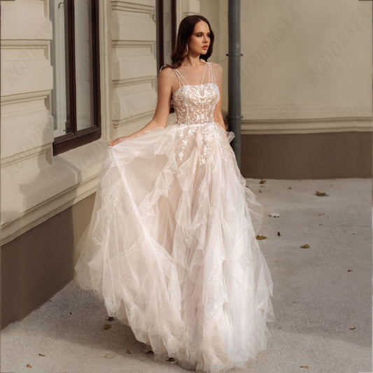 Elegant Spaghetti Straps Wedding Dress Sexy Lace Up Backless Robe De Mariée Romantic Square Collar Tulle Bridal Gowns-payinti