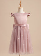 A-Linie Satin Tüll Knielanges Altrosa Kleid (2003227179) 