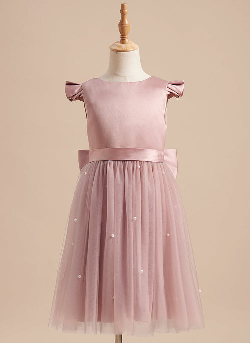 Vestido rosa empolvado de tul satinado hasta la rodilla (2003227179)