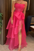 Hermoso vestido de fiesta largo rosa sin tirantes, vestido de noche escalonado con abertura Y7689