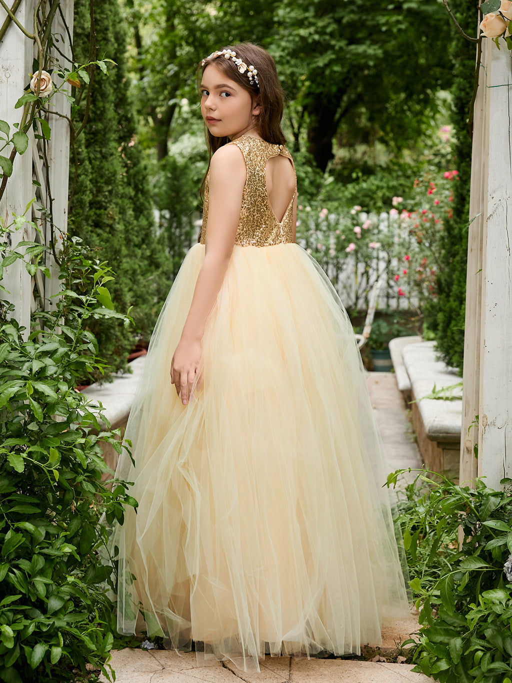 Vestido de fiesta/princesa de tul hasta el suelo color champán para niña de las flores