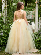 Vestido de fiesta/princesa de tul hasta el suelo color champán para niña de las flores