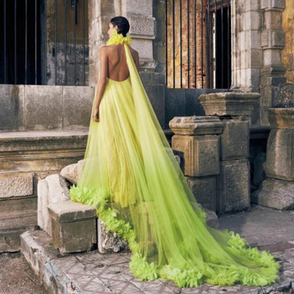 Hanging neck large open-back dress tulle robe maternity dress prom dress bride morning robe private dress