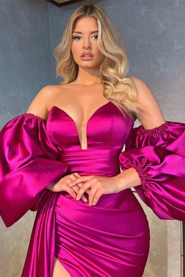 Long Mermaid Sweetheart Satin Front Slit Prom Dress With Detachable Sleeves