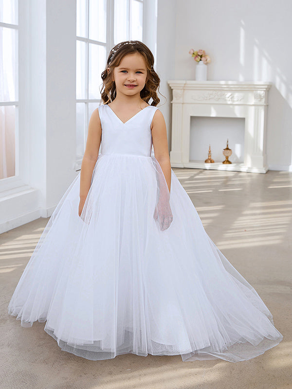 Klassisches weißes ärmelloses A-Linien-Blumenmädchenkleid aus Satin und Tüll 