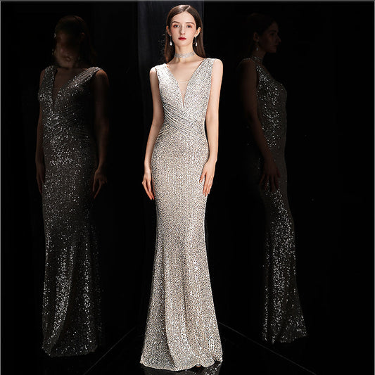 Elegant V Neck Sequin Evening Dress Long New Women Mermaid Formal Dress Party Gown Bodycon Maxi Prom Dress-payinti