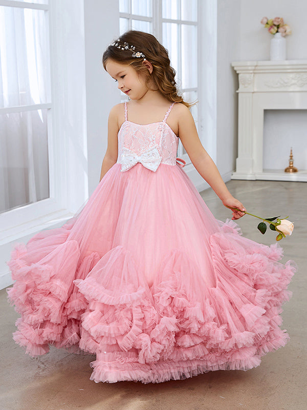 Vestido de niña de las flores rosa largo hasta el suelo de tul con corte en A