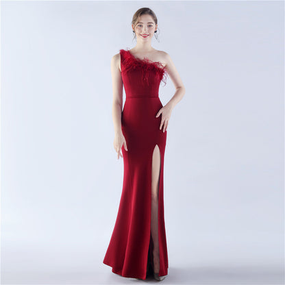 Satin Craft Order Ostrich Feather Dinner Exhibition Wedding Evening Dress