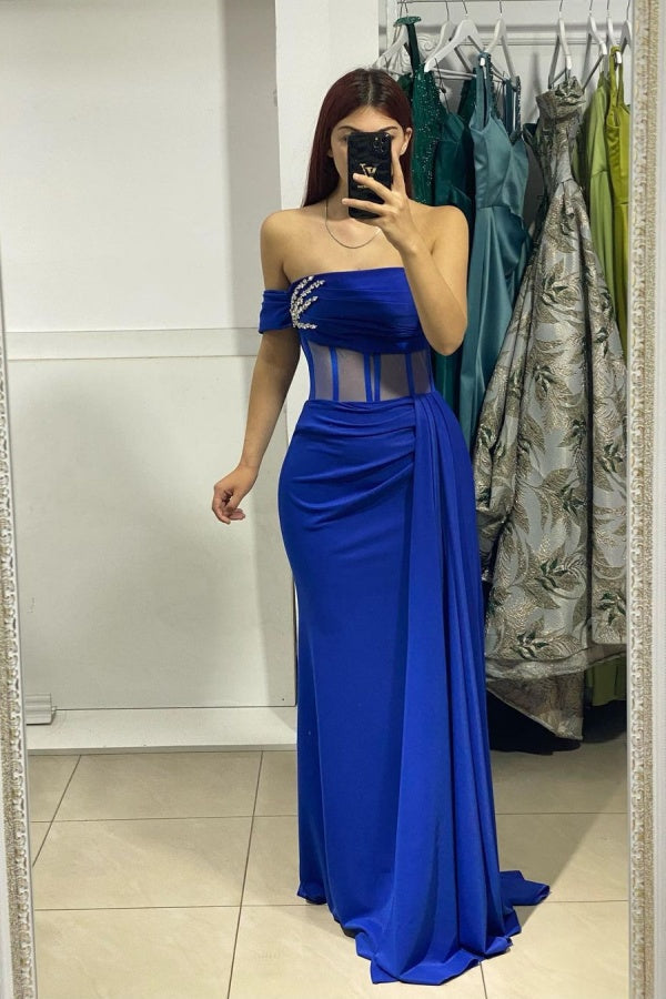 Königsblaues langes Meerjungfrau-Ballkleid aus Satin ohne Träger